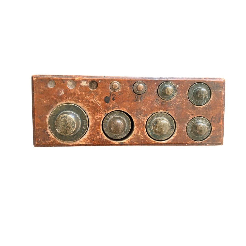 Antique Brass Apothecary Scale Weights Set in Wooden Block Laboratory Decor
